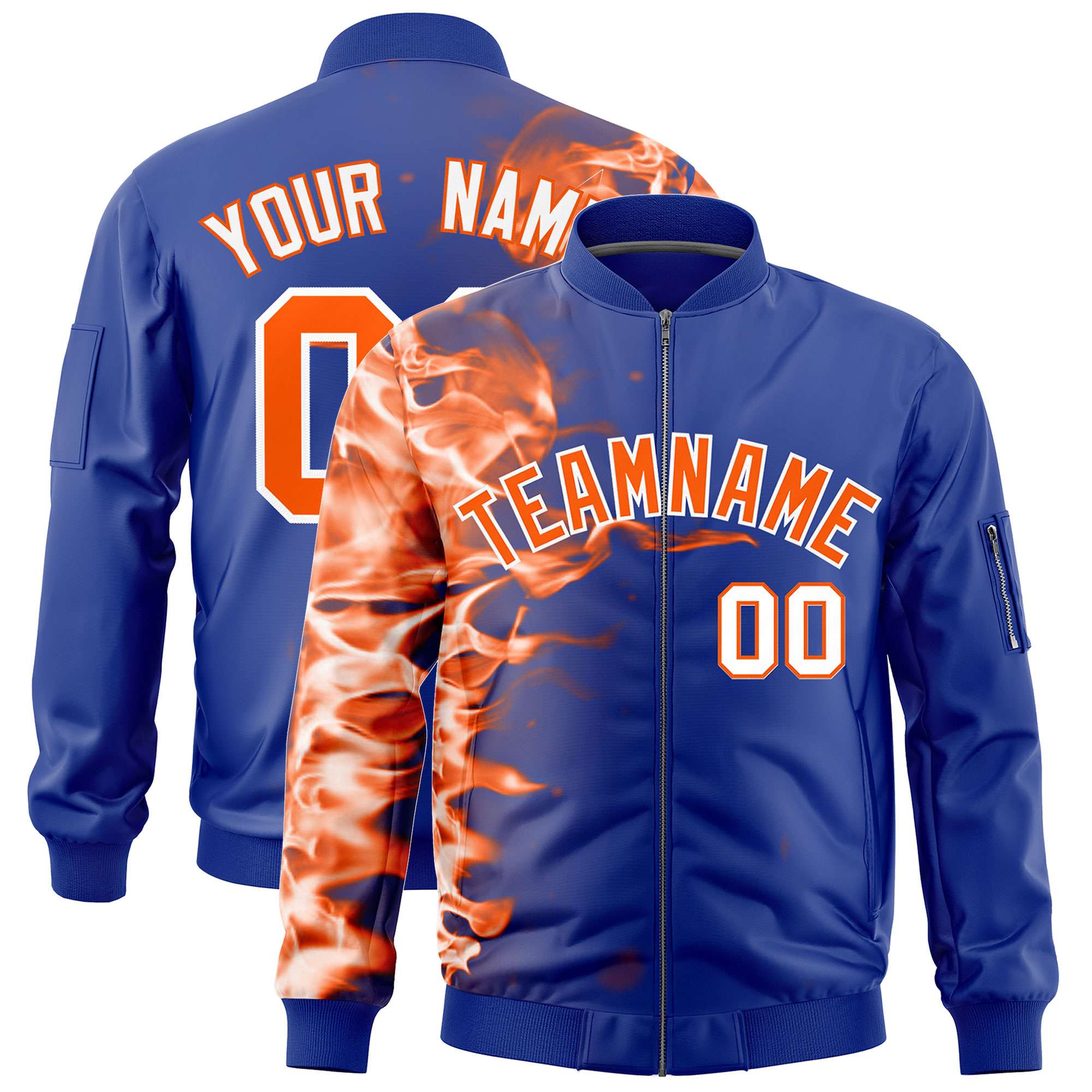 Custom Royal 3D Flame Varsity Full-Zip Letterman Bomber Jacket