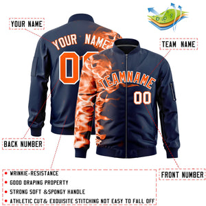 Custom Navy 3D Flame Varsity Full-Zip Letterman Bomber Jacket