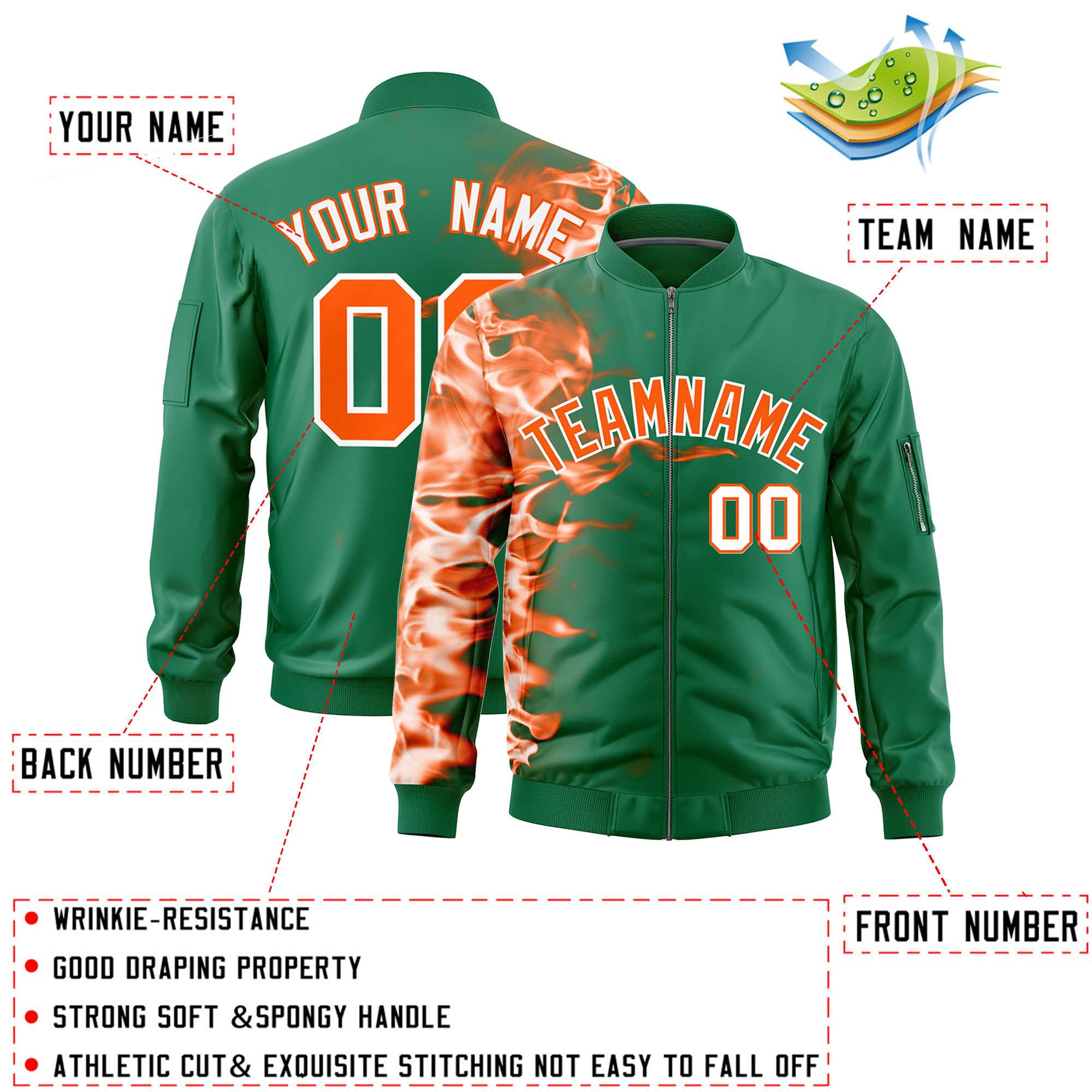 Custom Kelly Green 3D Flame Varsity Full-Zip Letterman Bomber Jacket