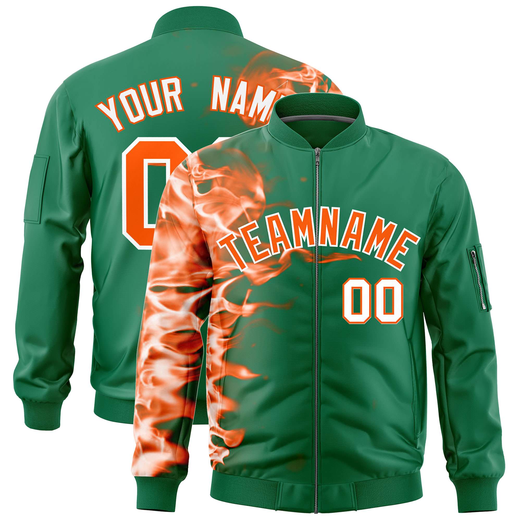 Custom Kelly Green 3D Flame Varsity Full-Zip Letterman Bomber Jacket