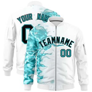 Custom White 3D Flame Varsity Full-Zip Letterman Bomber Jacket