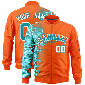 Custom Orange 3D Flame Varsity Full-Zip Letterman Bomber Jacket