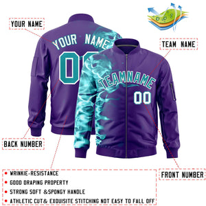 Custom Purple 3D Flame Varsity Full-Zip Letterman Bomber Jacket