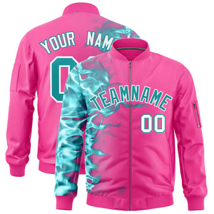 Custom Pink 3D Flame Varsity Full-Zip Letterman Bomber Jacket