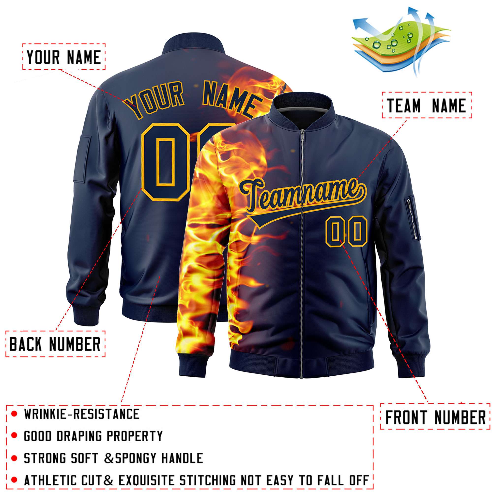 Custom Navy 3D Flame Varsity Full-Zip Letterman Bomber Jacket