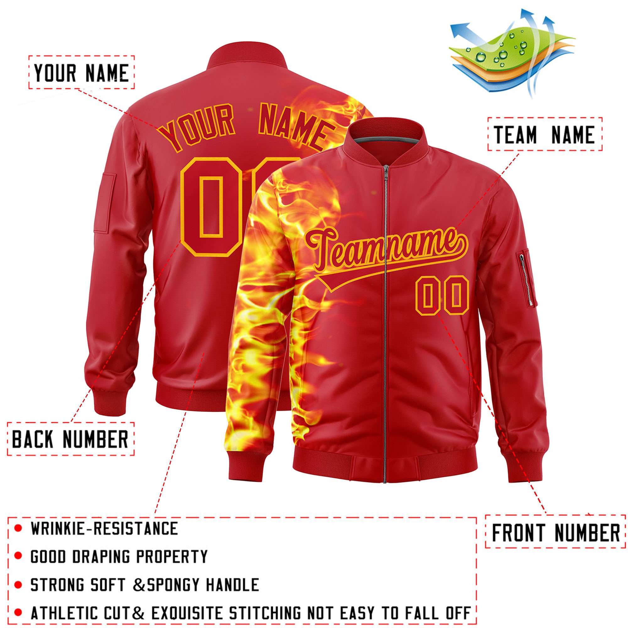 Custom Red 3D Flame Varsity Full-Zip Letterman Bomber Jacket