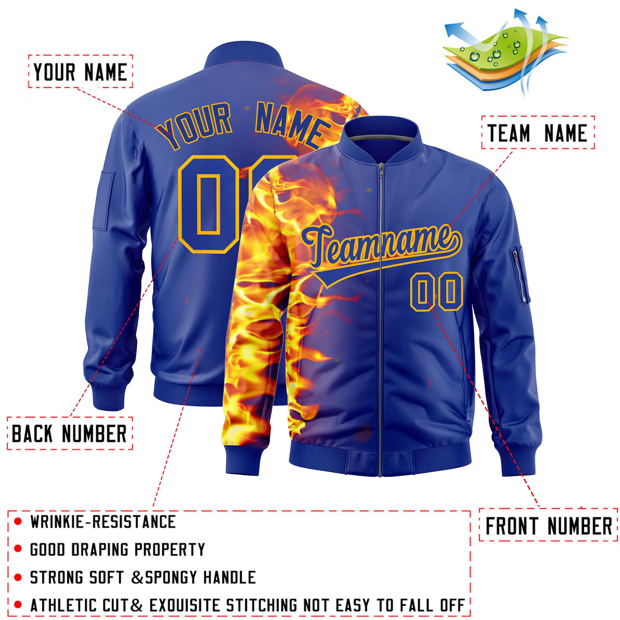 Custom Royal 3D Flame Varsity Full-Zip Letterman Bomber Jacket