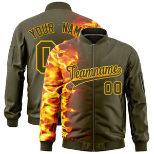 Custom Olive 3D Flame Varsity Full-Zip Letterman Bomber Jacket