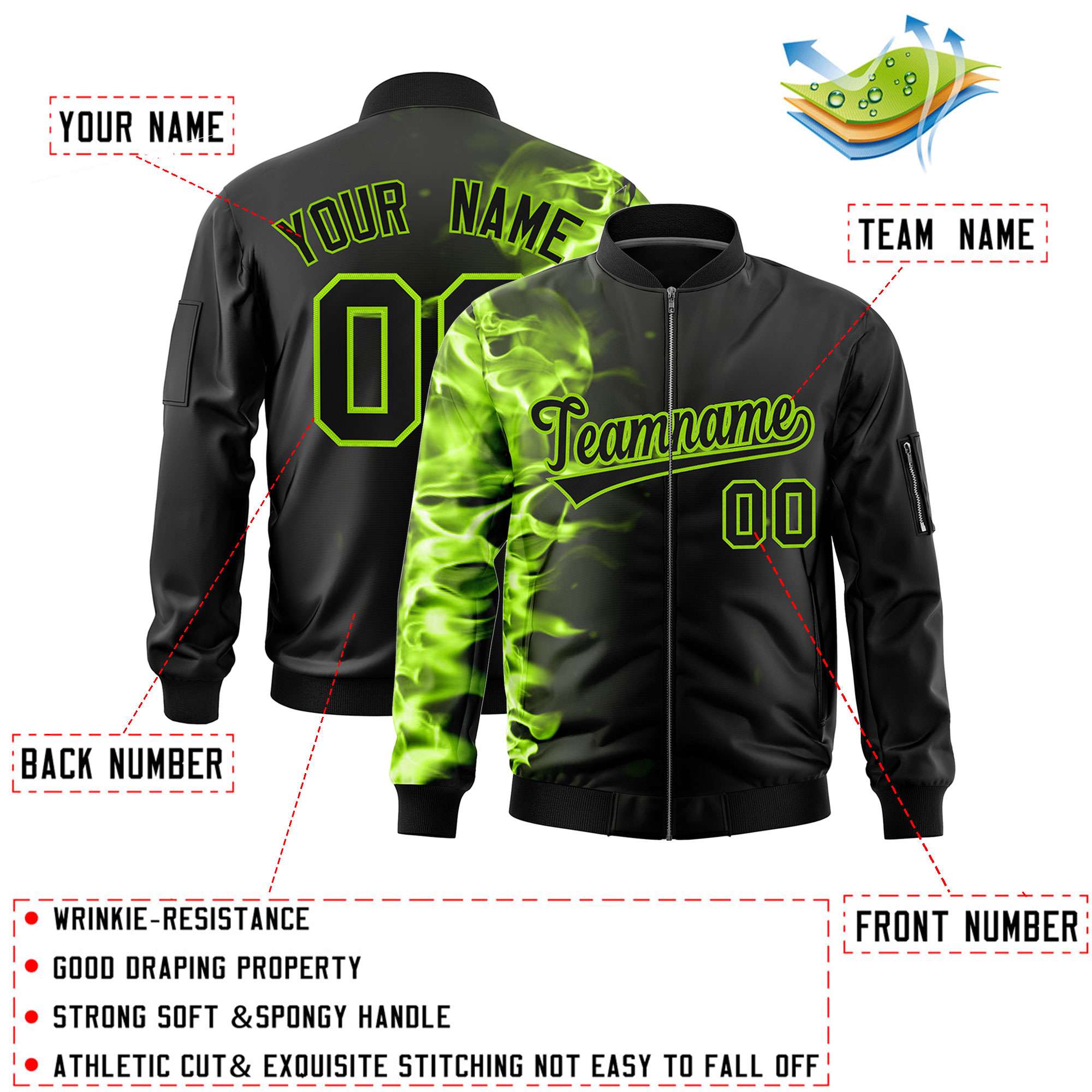 Custom Black 3D Flame Varsity Full-Zip Letterman Bomber Jacket