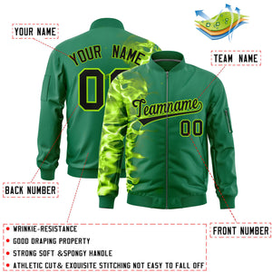 Custom Kelly Green 3D Flame Varsity Full-Zip Letterman Bomber Jacket