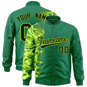 Custom Kelly Green 3D Flame Varsity Full-Zip Letterman Bomber Jacket