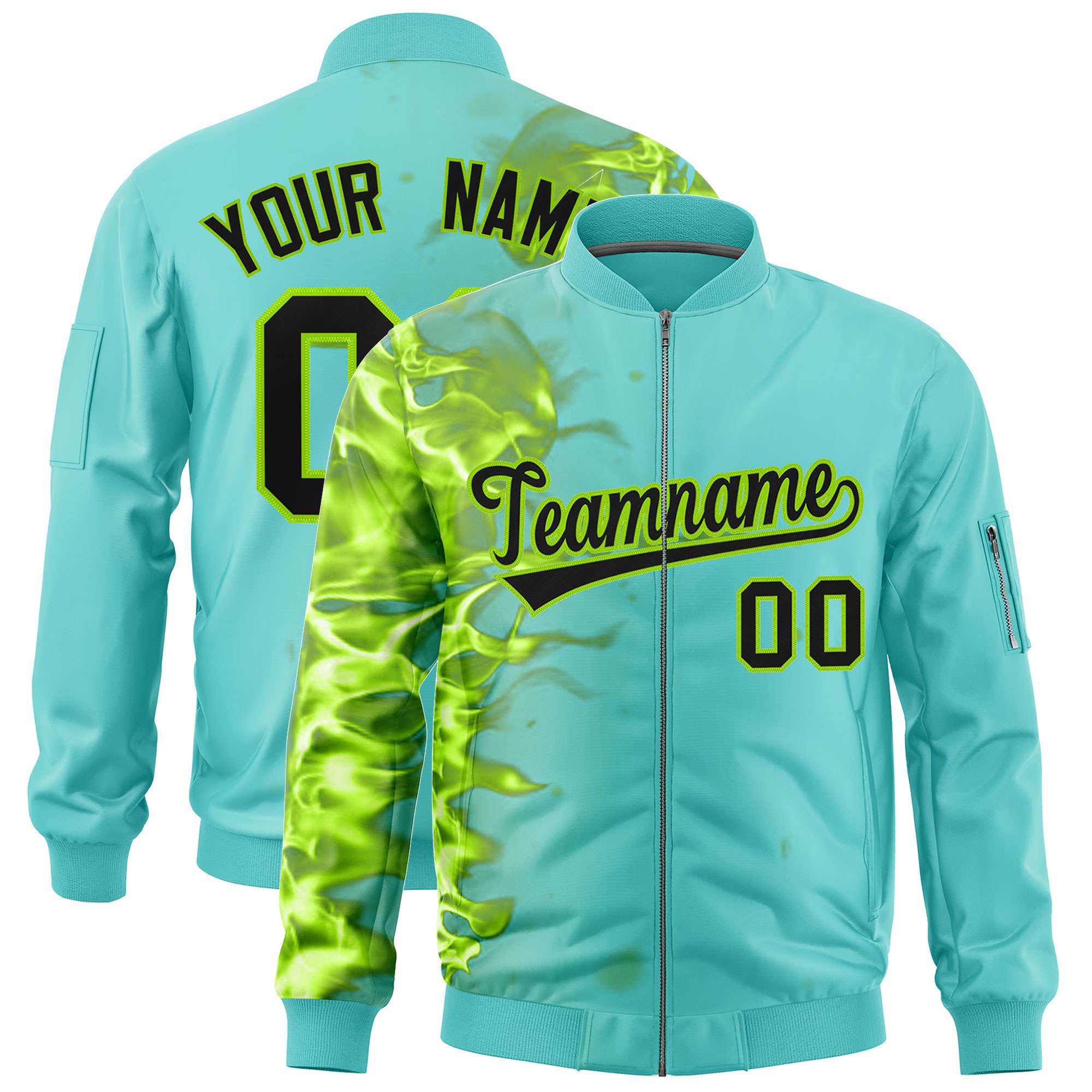 Custom Bright Green 3D Flame Varsity Full-Zip Letterman Bomber Jacket