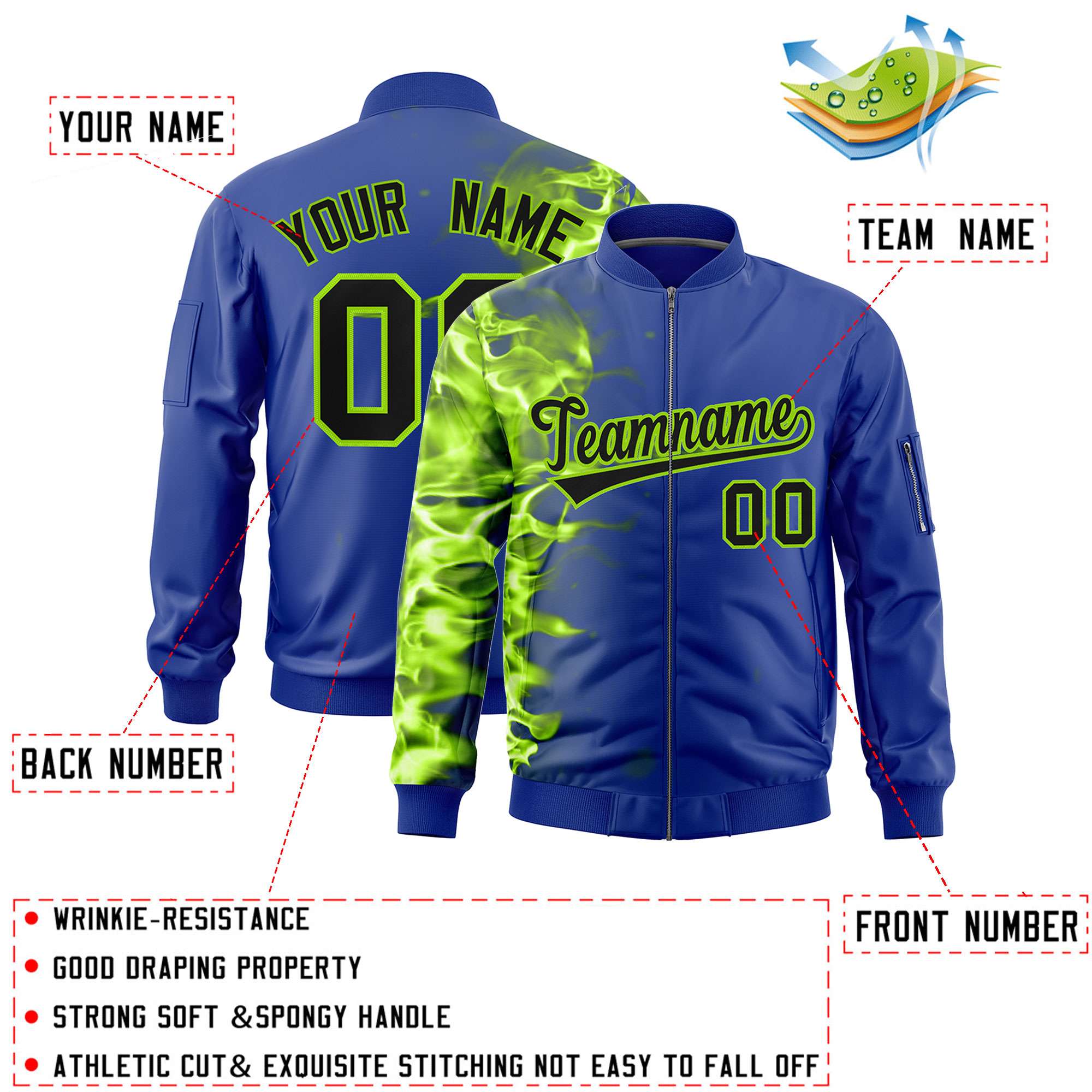 Custom Royal 3D Flame Varsity Full-Zip Letterman Bomber Jacket