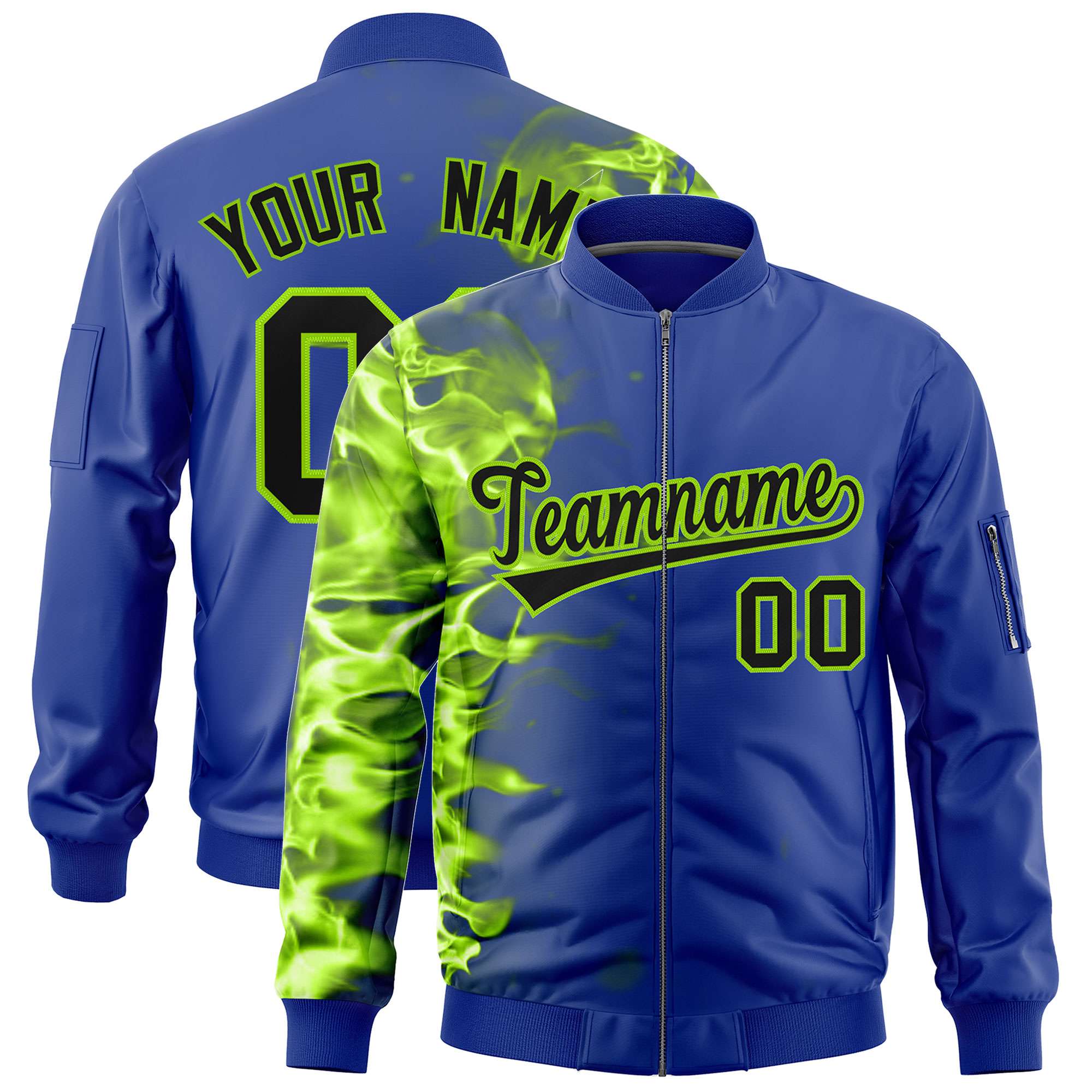 Custom Royal 3D Flame Varsity Full-Zip Letterman Bomber Jacket