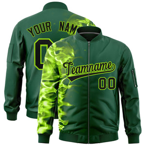 Custom Green 3D Flame Varsity Full-Zip Letterman Bomber Jacket