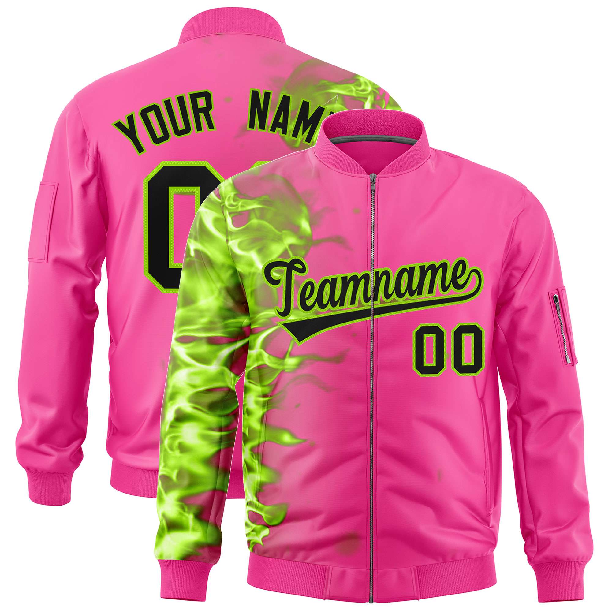 Custom Pink 3D Flame Varsity Full-Zip Letterman Bomber Jacket