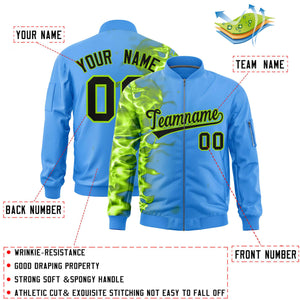 Custom Powder Blue 3D Flame Varsity Full-Zip Letterman Bomber Jacket