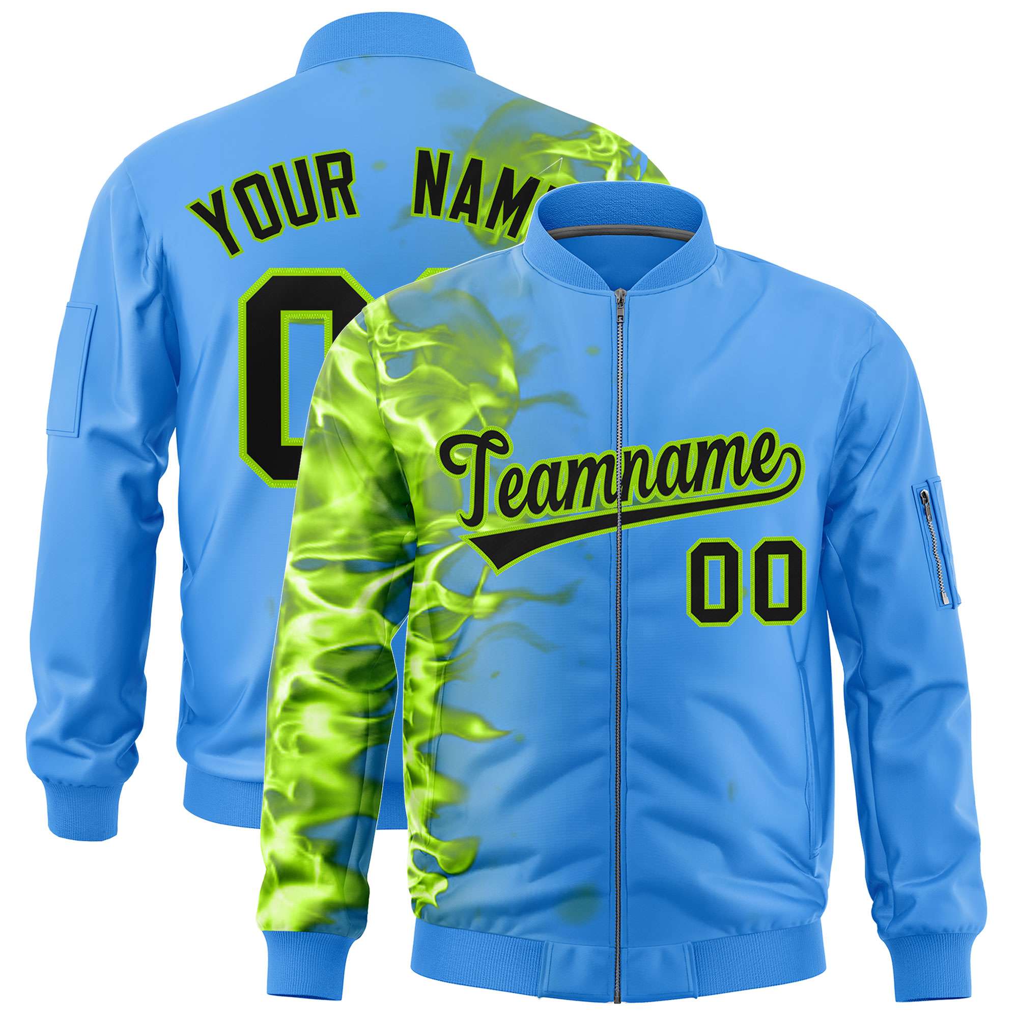 Custom Powder Blue 3D Flame Varsity Full-Zip Letterman Bomber Jacket