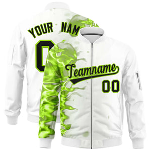 Custom White 3D Flame Varsity Full-Zip Letterman Bomber Jacket