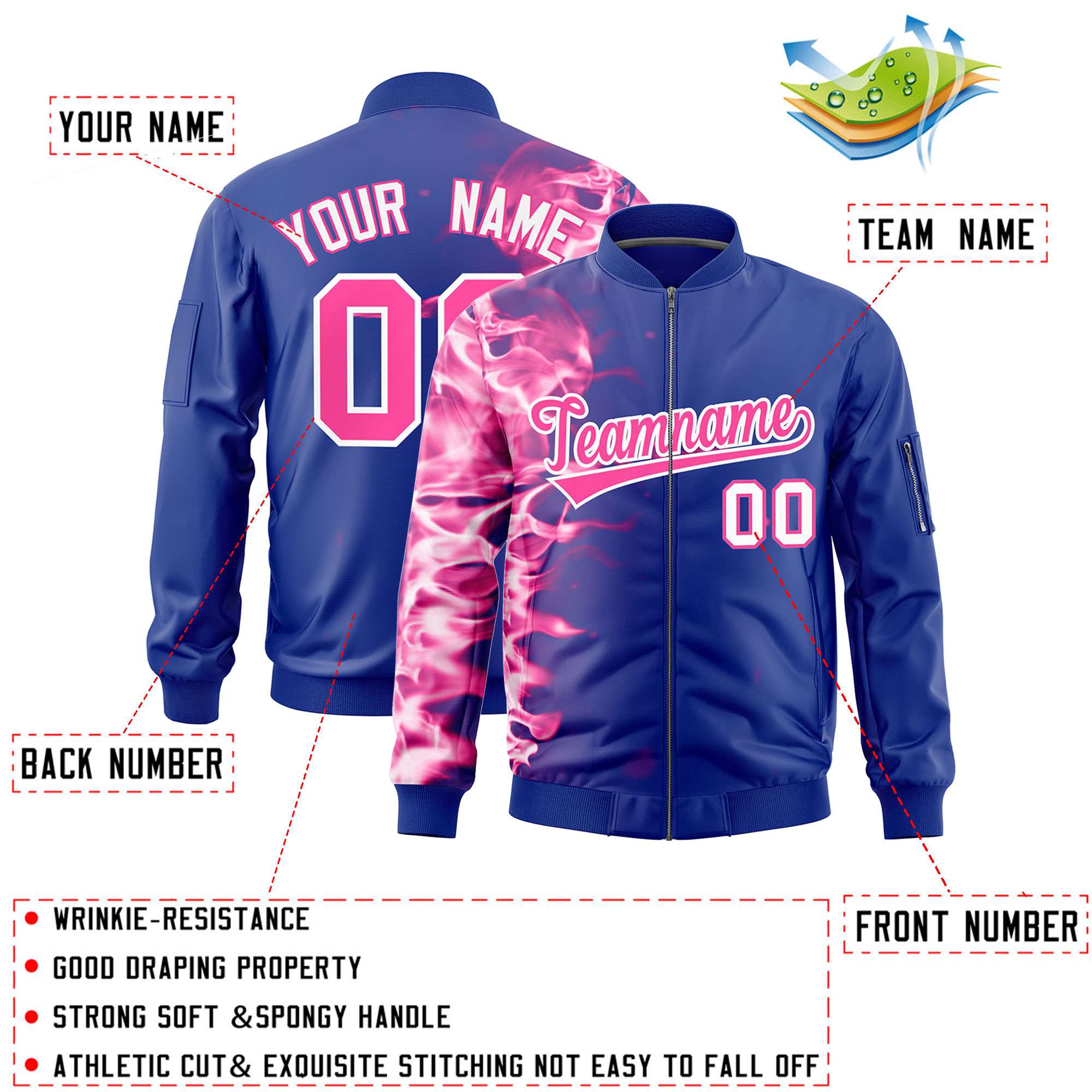 Custom Royal 3D Flame Varsity Full-Zip Letterman Bomber Jacket