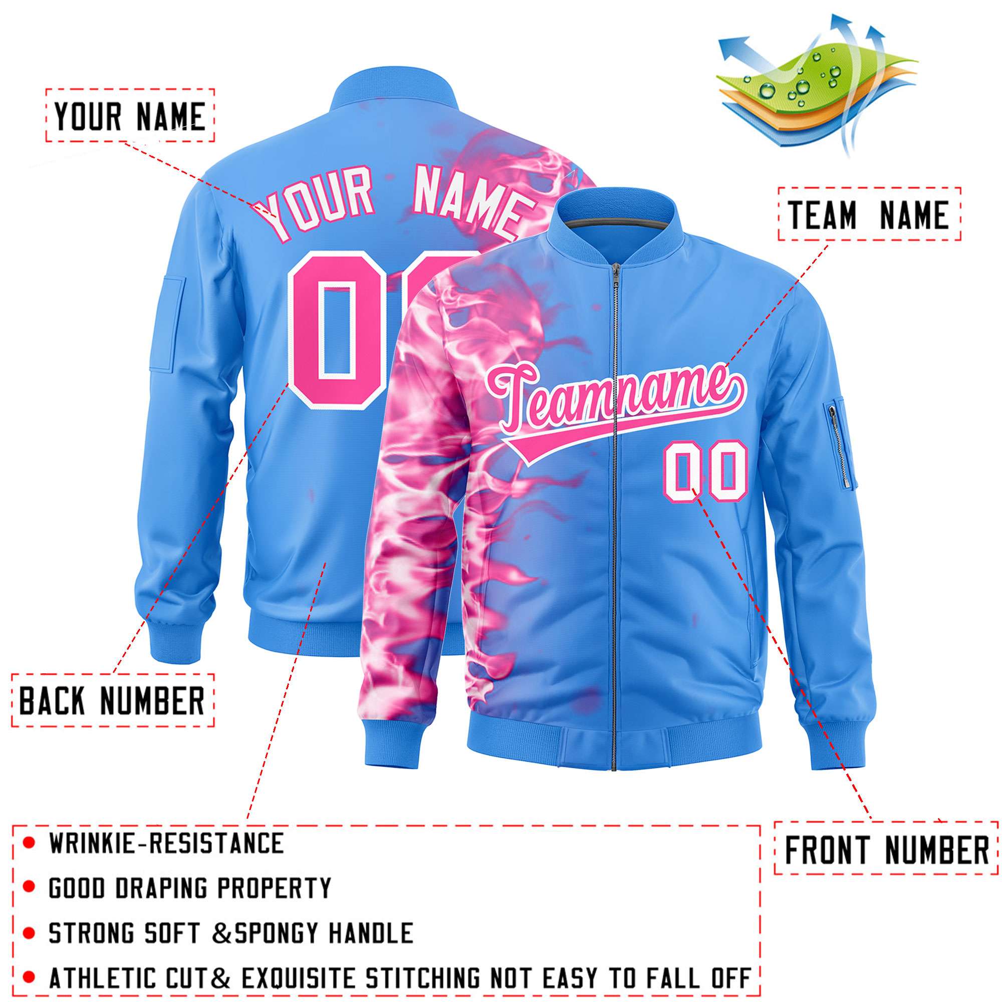 Custom Powder Blue 3D Flame Varsity Full-Zip Letterman Bomber Jacket