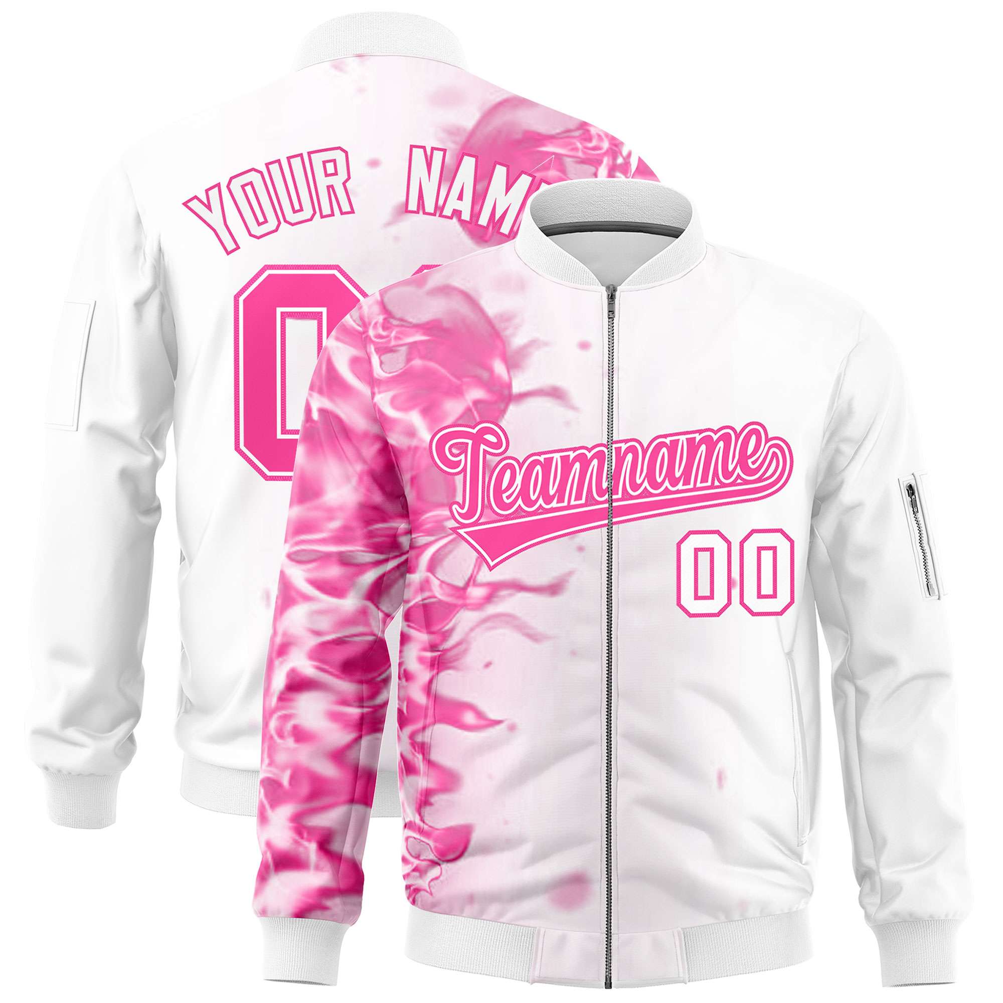 Custom White 3D Flame Varsity Full-Zip Letterman Bomber Jacket