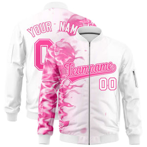 Custom White 3D Flame Varsity Full-Zip Letterman Bomber Jacket