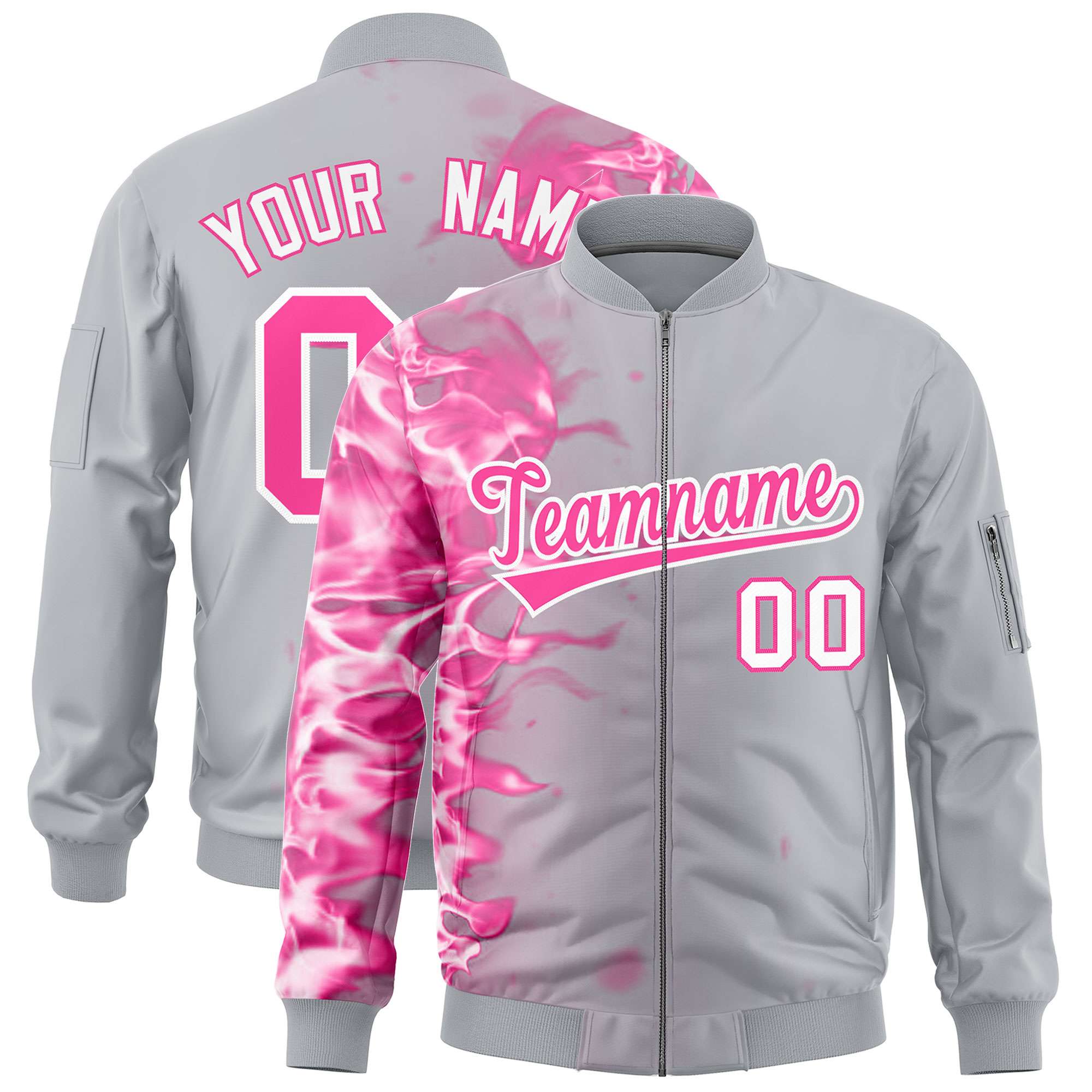 Custom Silver 3D Flame Varsity Full-Zip Letterman Bomber Jacket