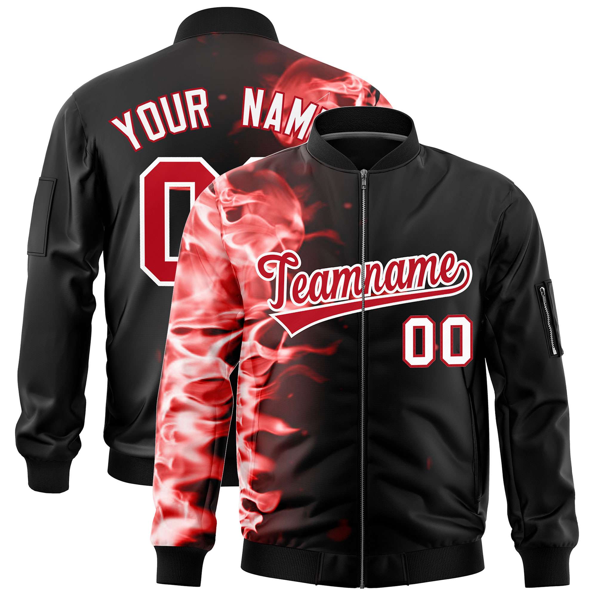 Custom Black 3D Flame Varsity Full-Zip Letterman Bomber Jacket