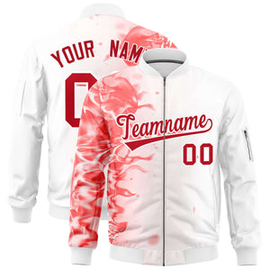 Custom White 3D Flame Varsity Full-Zip Letterman Bomber Jacket