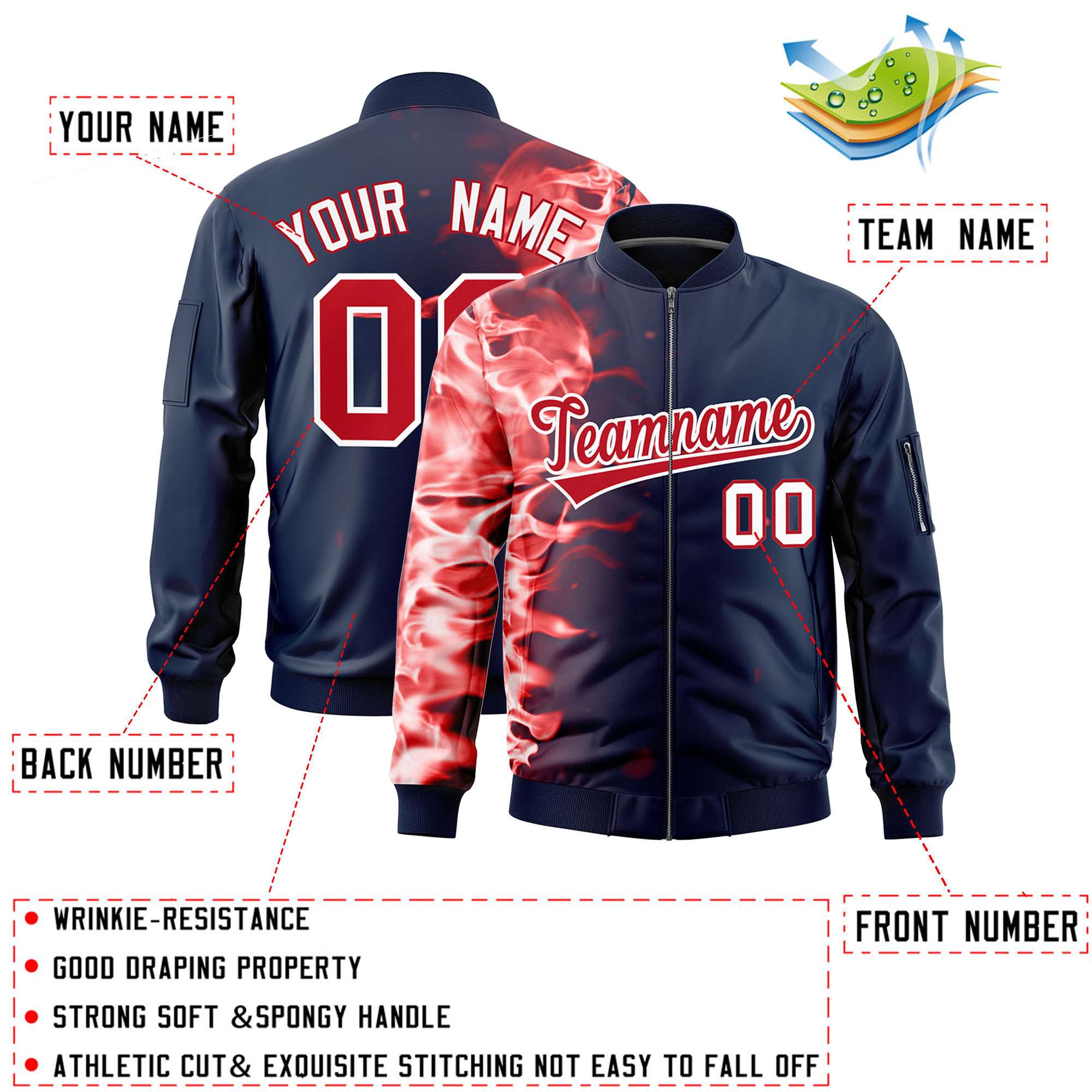 Custom Navy 3D Flame Varsity Full-Zip Letterman Bomber Jacket