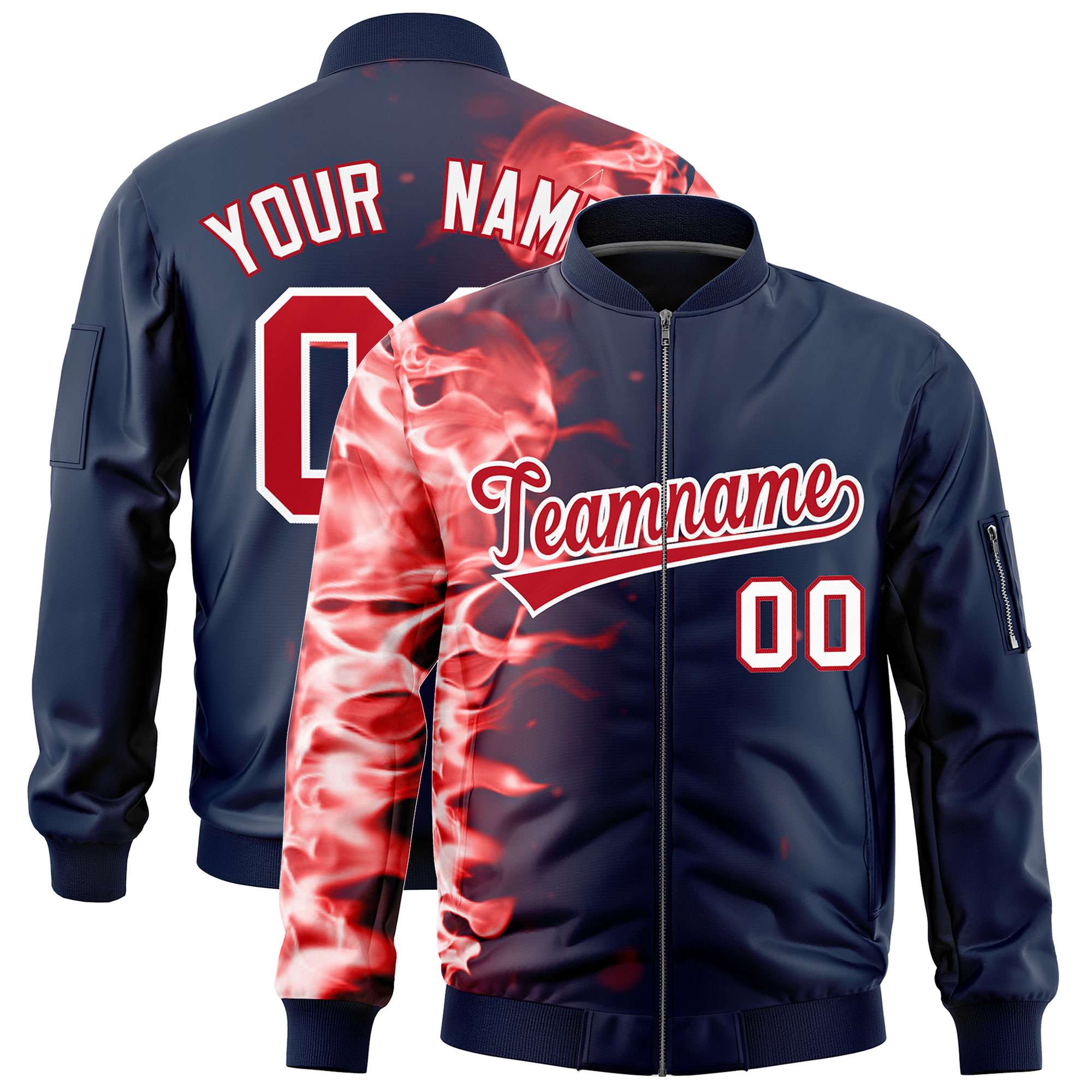 Custom Navy 3D Flame Varsity Full-Zip Letterman Bomber Jacket