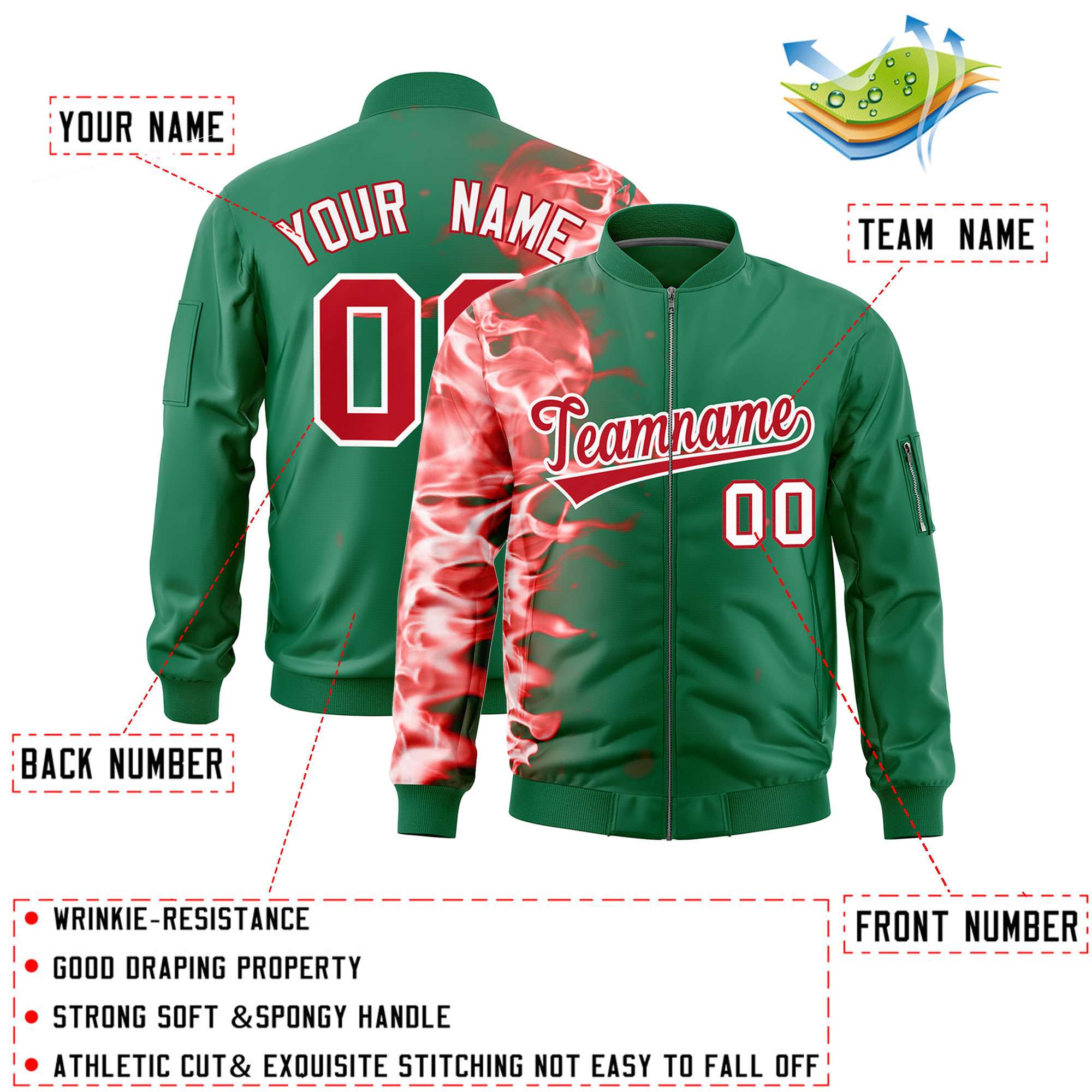 Custom Kelly Green 3D Flame Varsity Full-Zip Letterman Bomber Jacket