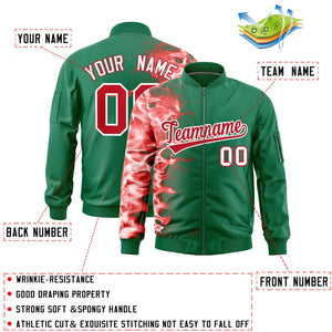 Custom Kelly Green 3D Flame Varsity Full-Zip Letterman Bomber Jacket