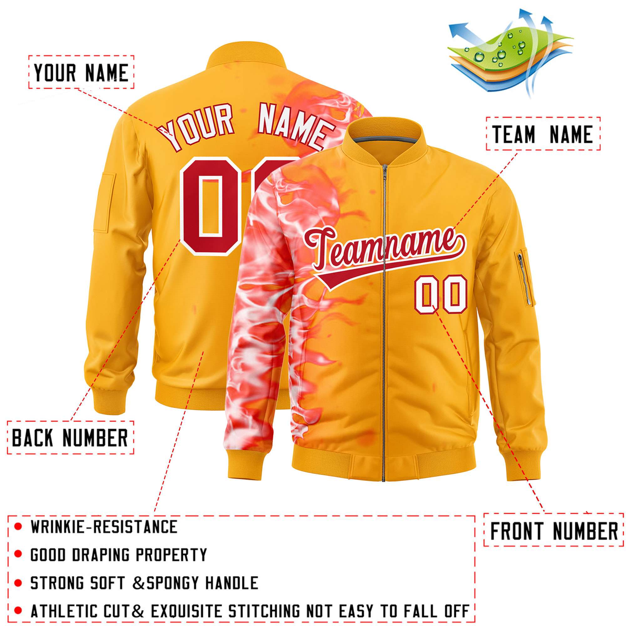 Custom Yellow 3D Flame Varsity Full-Zip Letterman Bomber Jacket