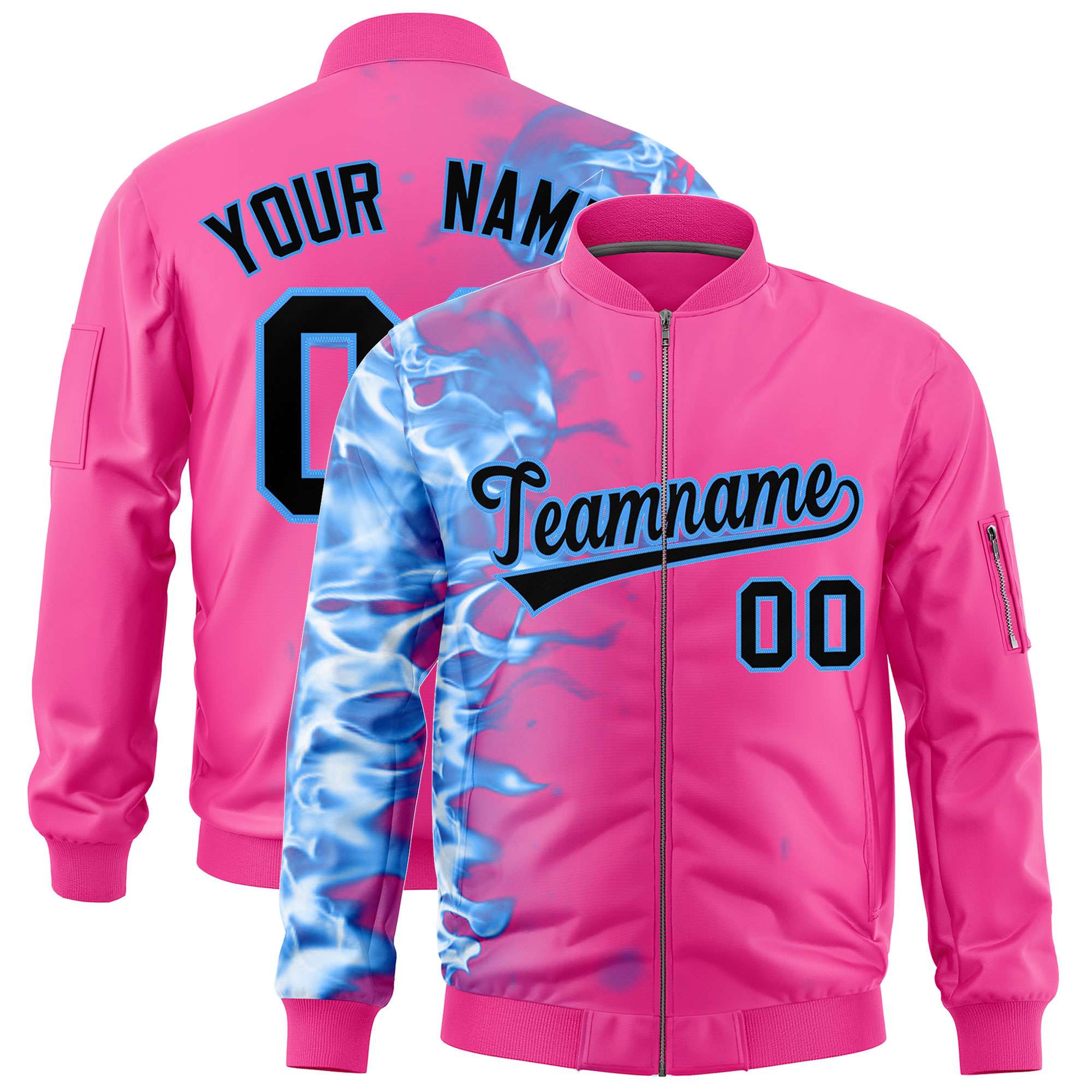 Custom Pink 3D Flame Varsity Full-Zip Letterman Bomber Jacket