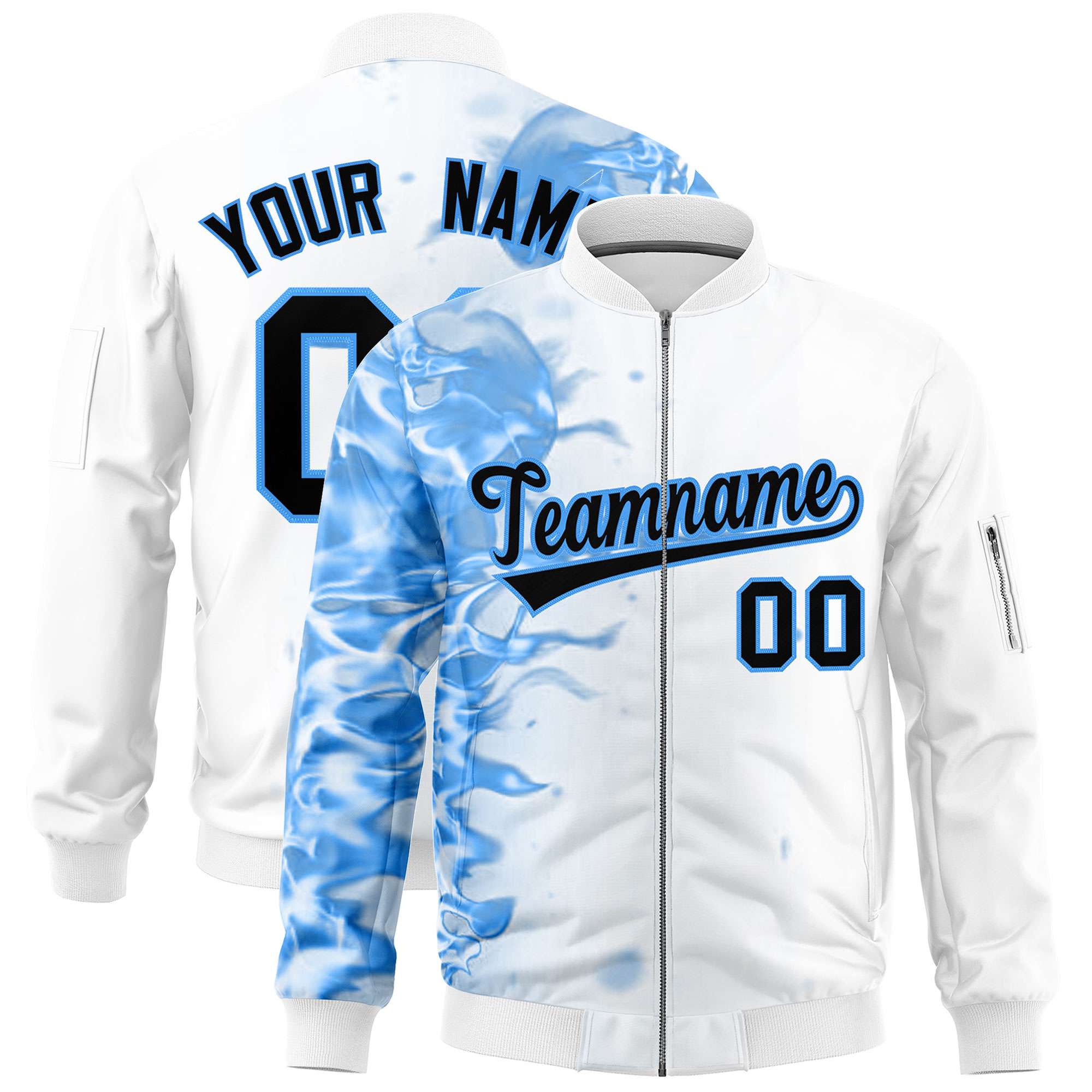 Custom White 3D Flame Varsity Full-Zip Letterman Bomber Jacket