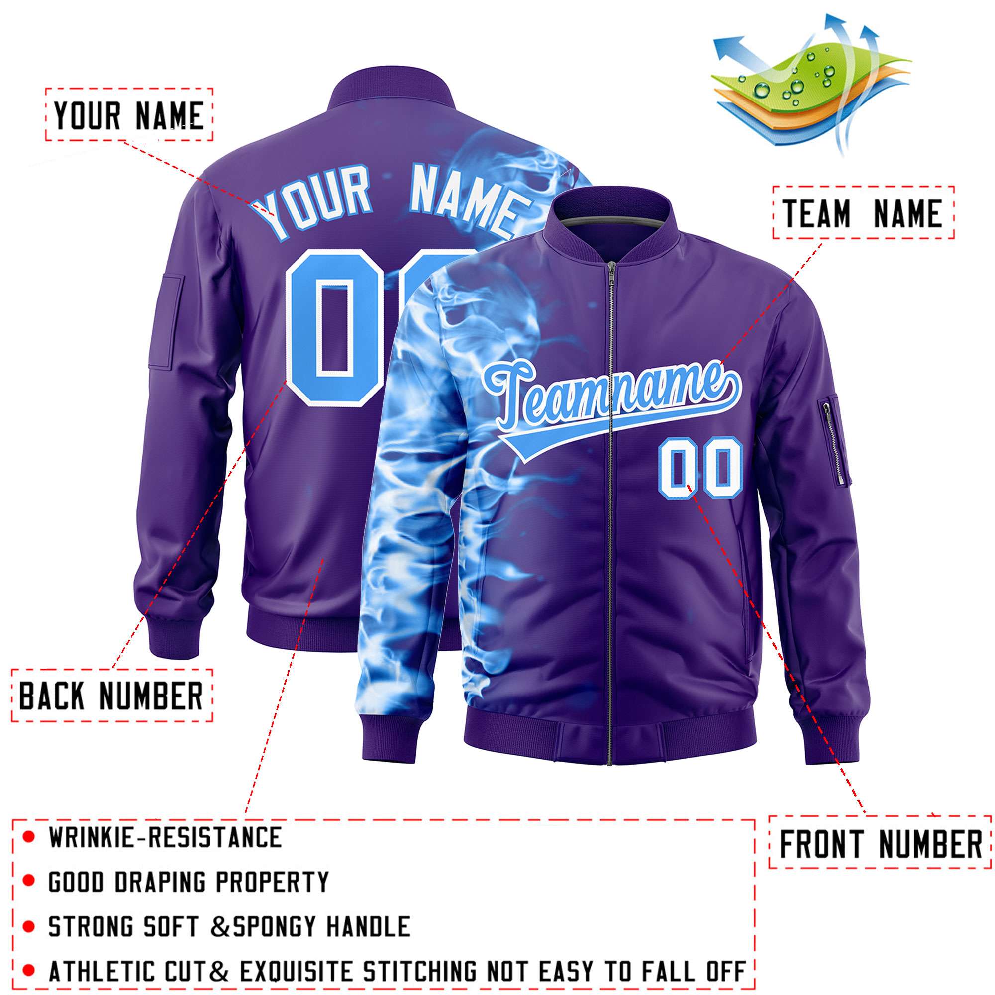 Custom Purple 3D Flame Varsity Full-Zip Letterman Bomber Jacket