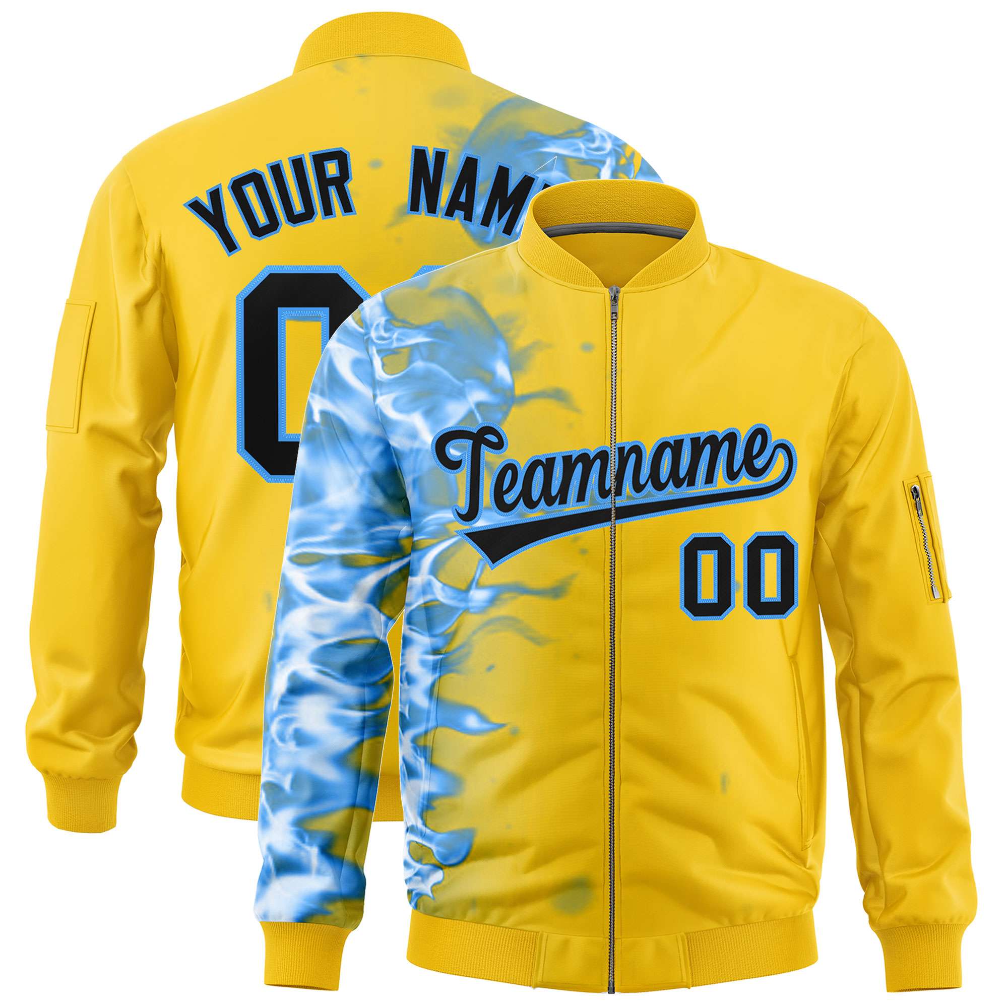 Custom Gold 3D Flame Varsity Full-Zip Letterman Bomber Jacket