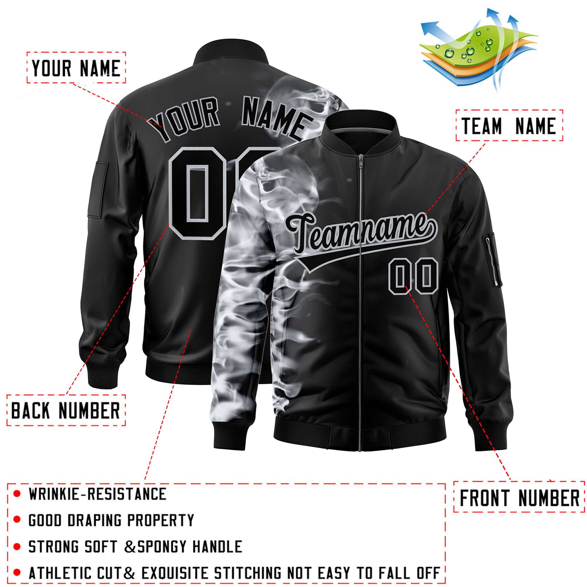 Custom Black 3D Flame Varsity Full-Zip Letterman Bomber Jacket