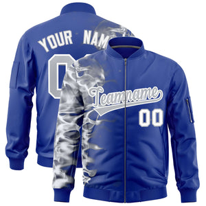 Custom Royal 3D Flame Varsity Full-Zip Letterman Bomber Jacket