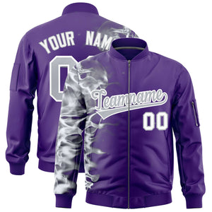 Custom Purple 3D Flame Varsity Full-Zip Letterman Bomber Jacket