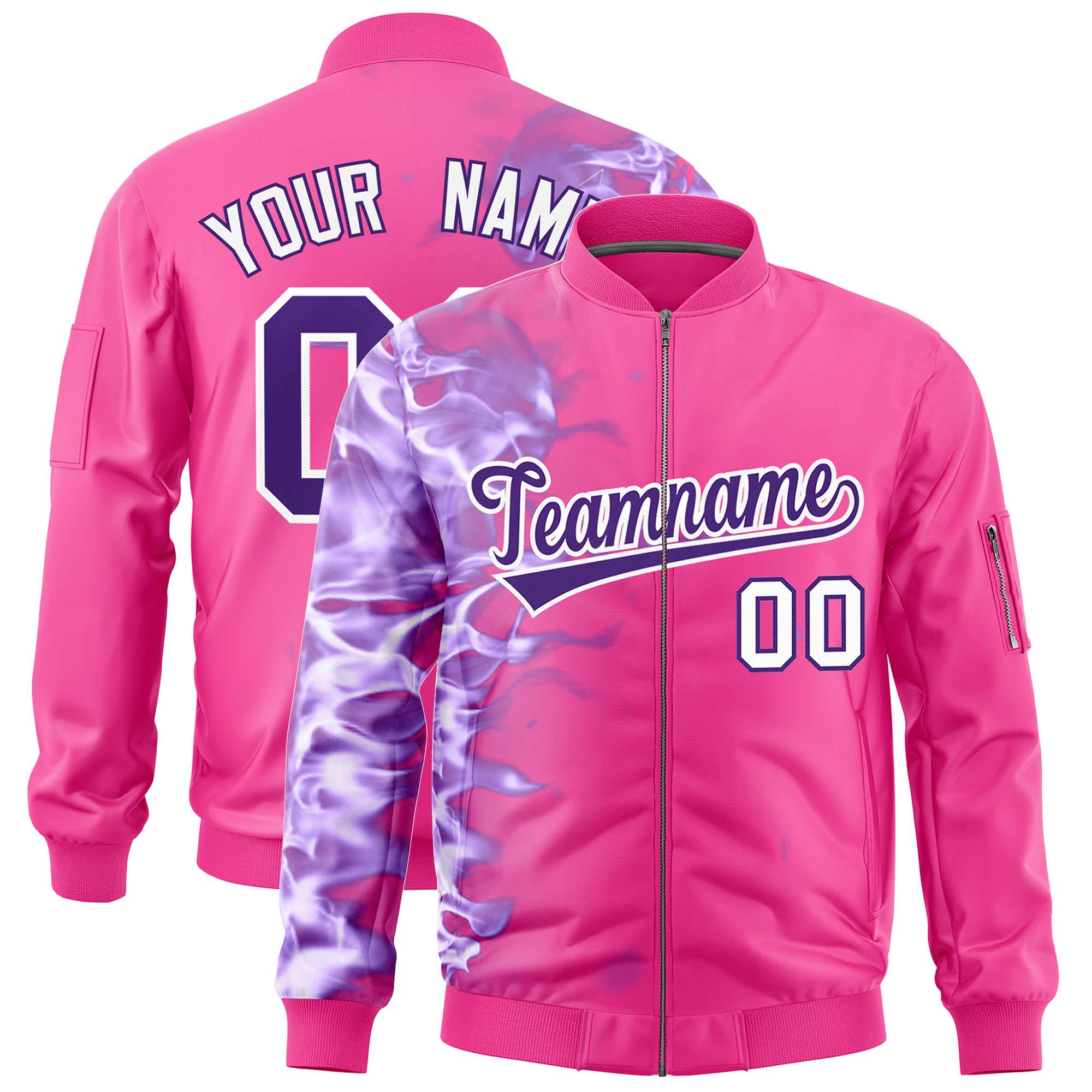 Custom Pink 3D Flame Varsity Full-Zip Letterman Bomber Jacket