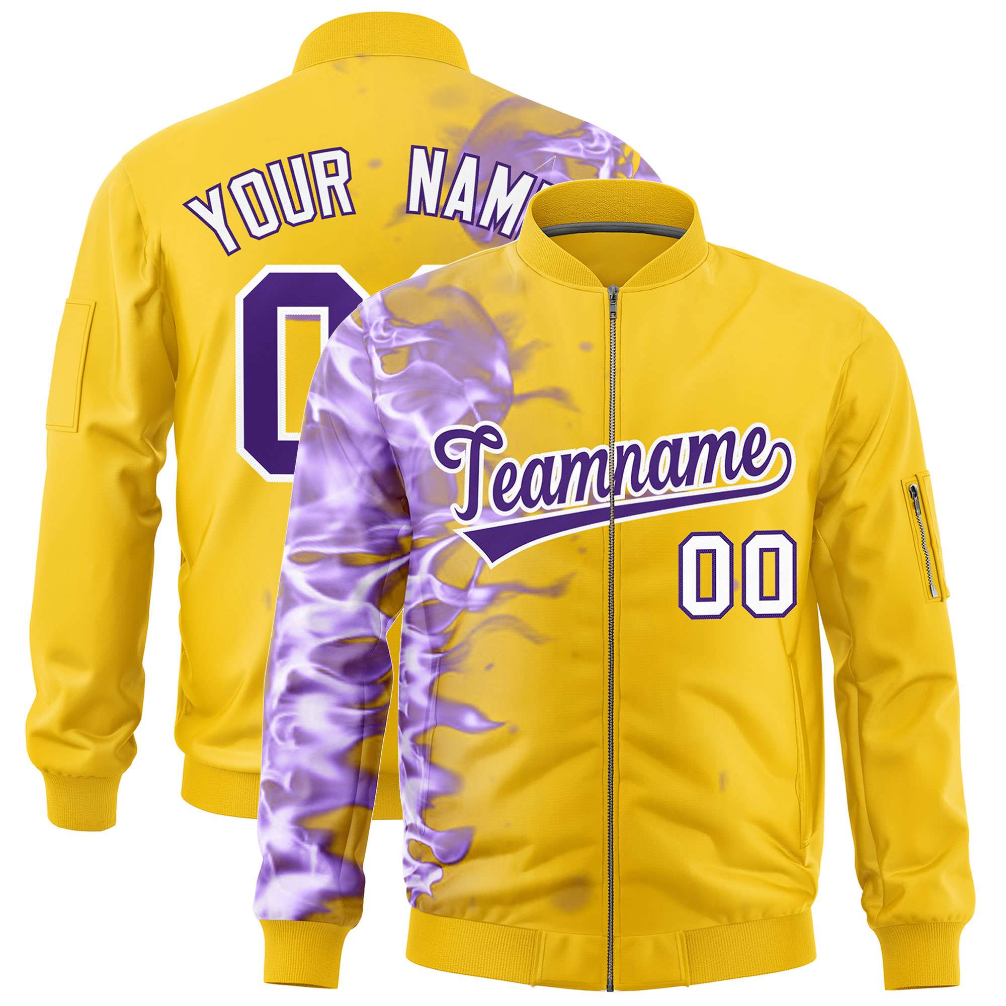 Custom Gold 3D Flame Varsity Full-Zip Letterman Bomber Jacket