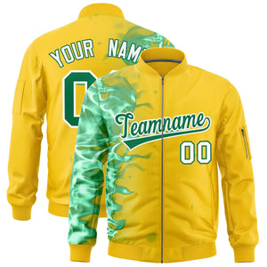 Custom Gold 3D Flame Varsity Full-Zip Letterman Bomber Jacket