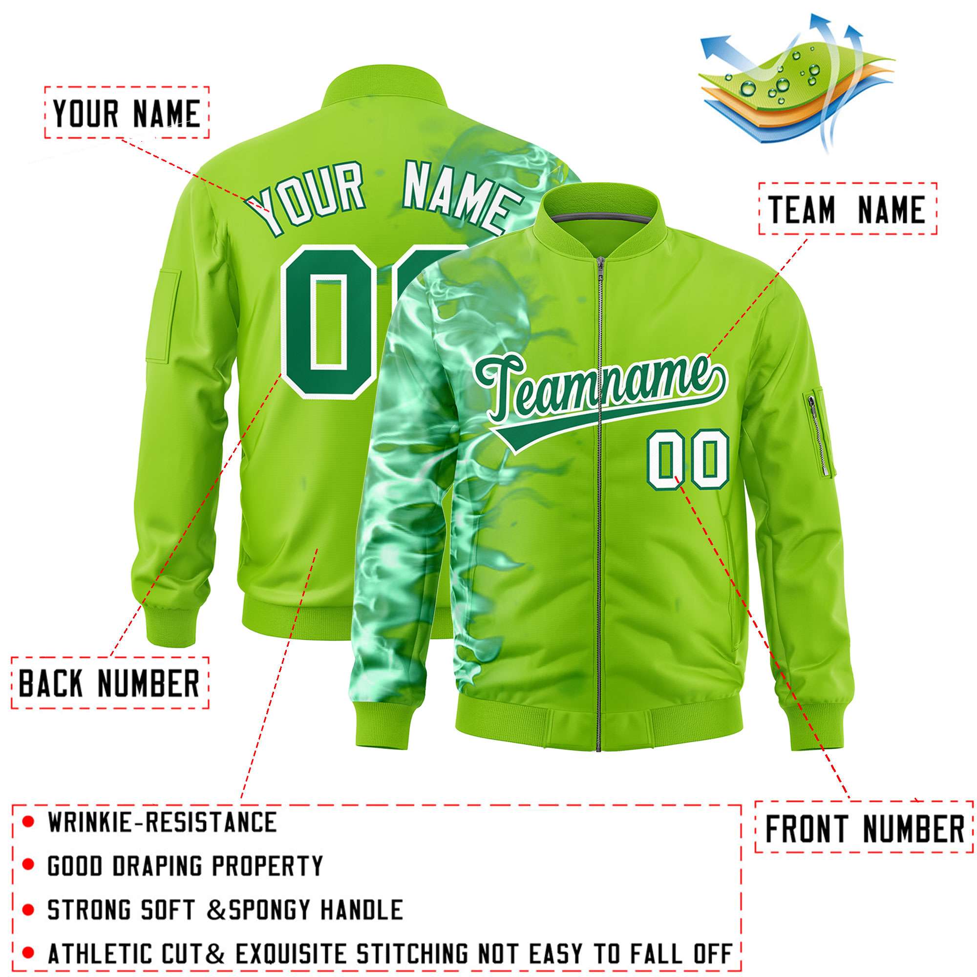 Custom Neon Green 3D Flame Varsity Full-Zip Letterman Bomber Jacket