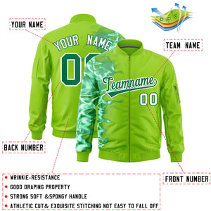 Custom Neon Green 3D Flame Varsity Full-Zip Letterman Bomber Jacket