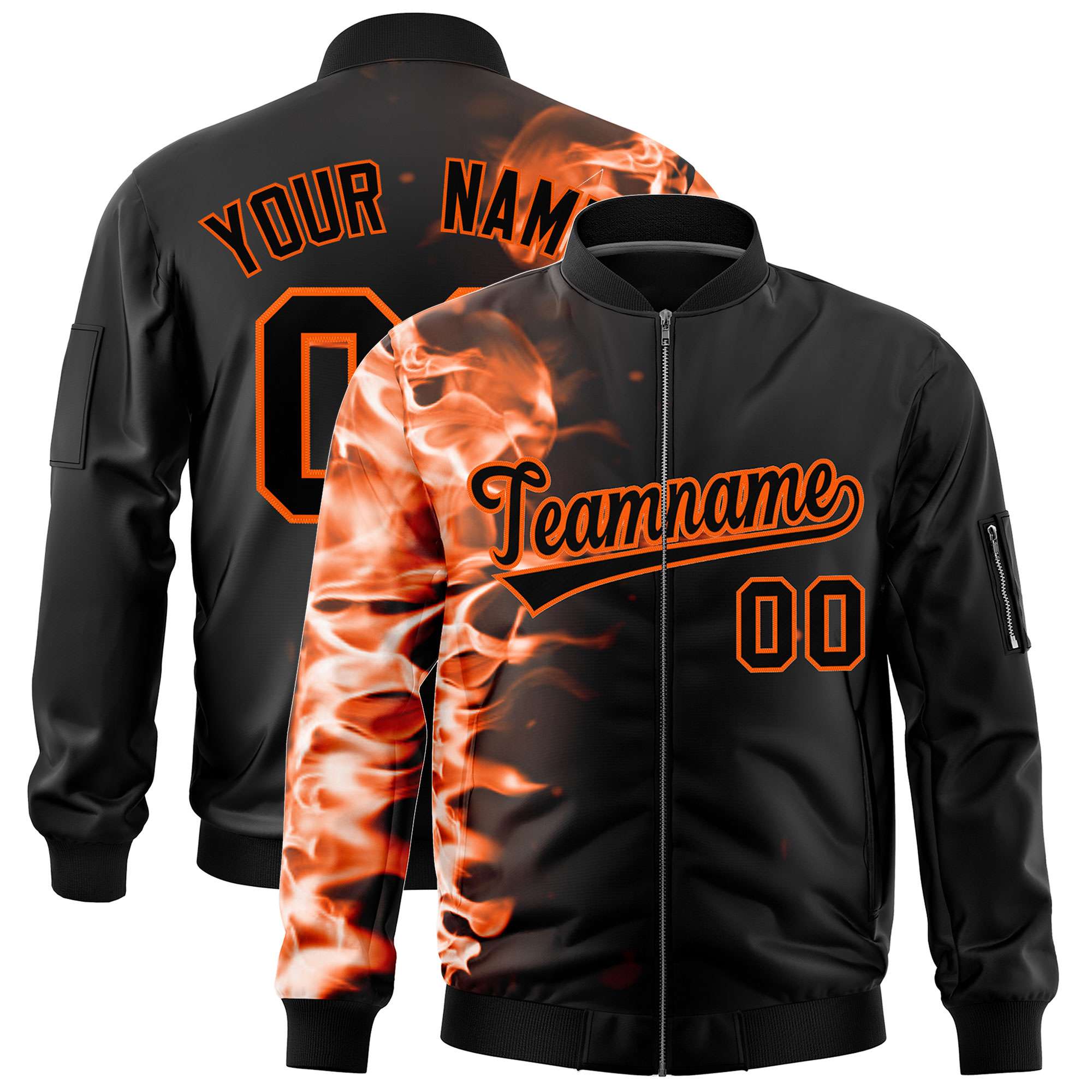 Custom Black 3D Flame Varsity Full-Zip Letterman Bomber Jacket