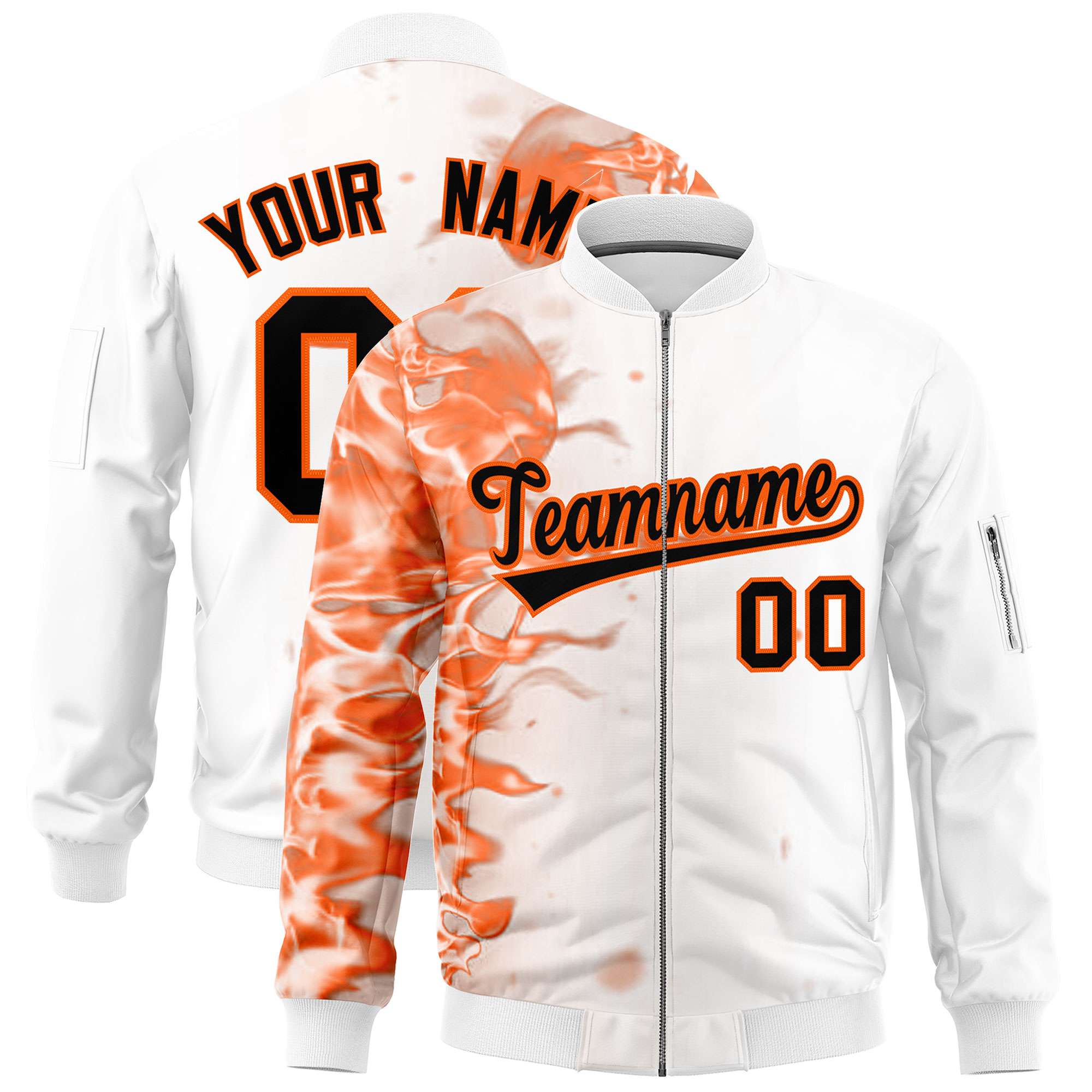 Custom White 3D Flame Varsity Full-Zip Letterman Bomber Jacket