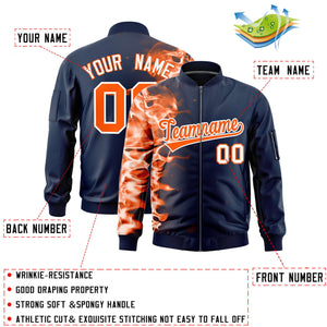 Custom Navy 3D Flame Varsity Full-Zip Letterman Bomber Jacket